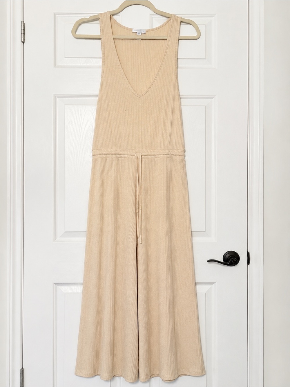 Beyond Yoga Ribbed V-Neck Wide-Leg Jumpsuit in Pale Yellow Cream Small